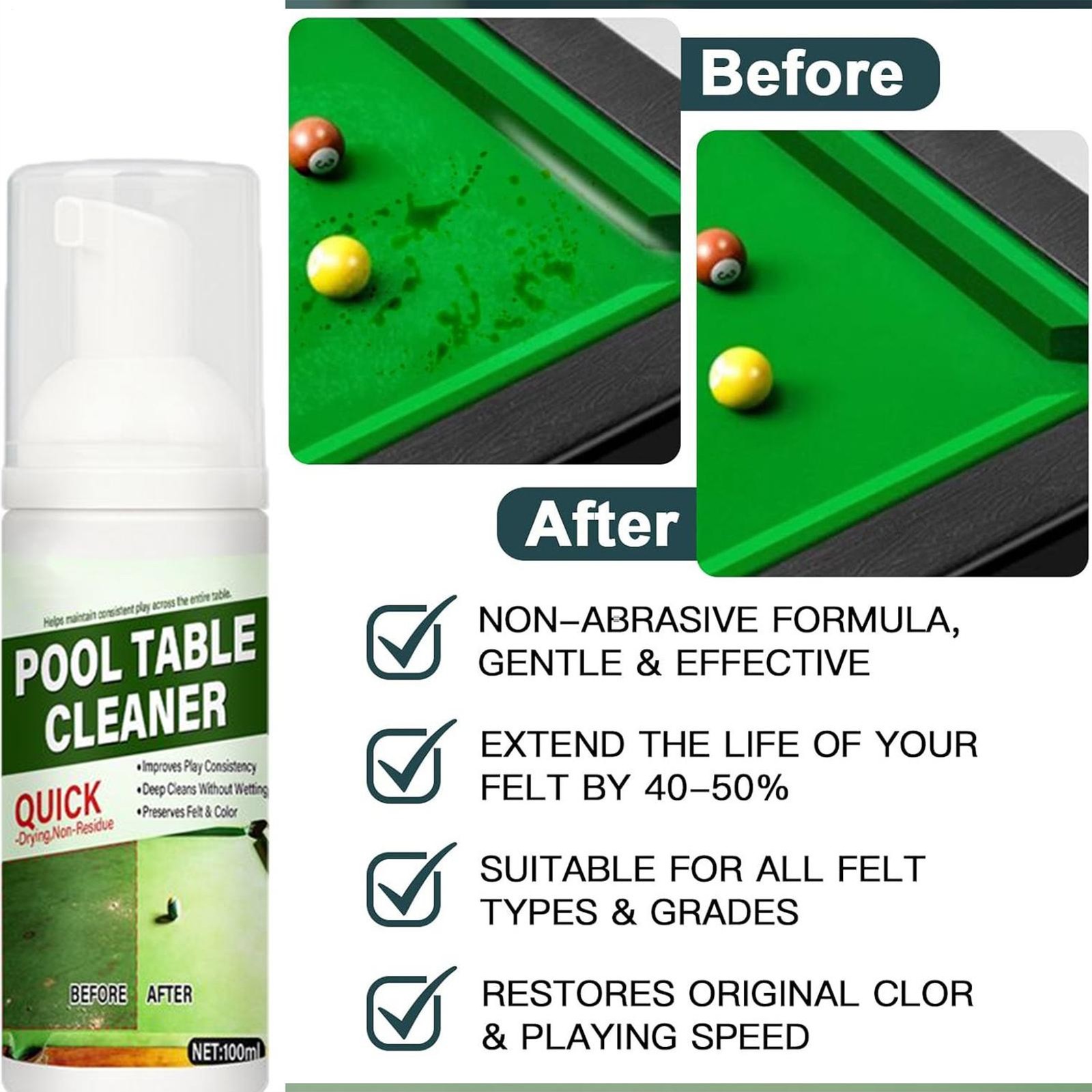 Quick Clean Pool Table Felt Cleaner - Cleaner Spray 100ml & Towel