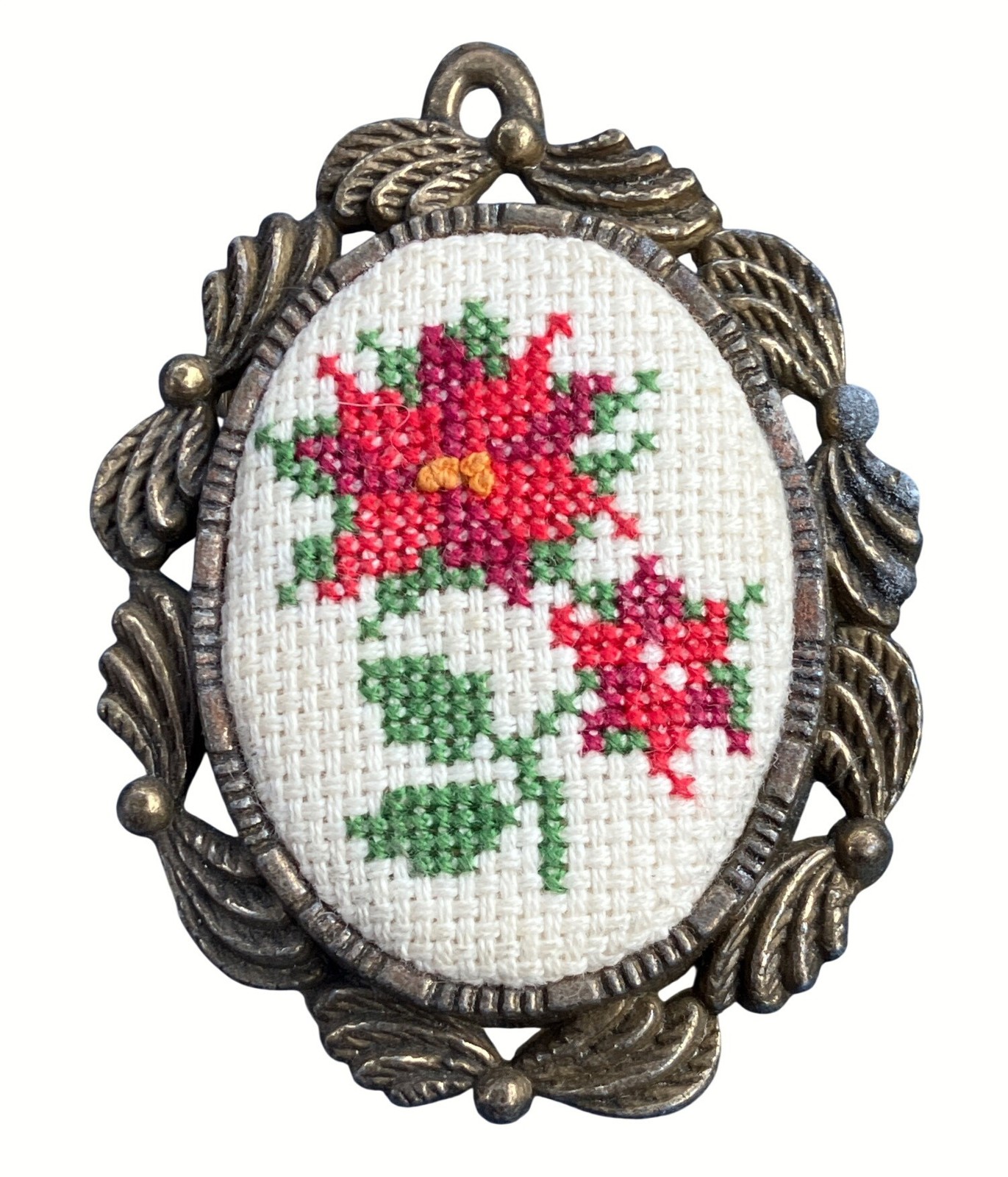 Counted Cross Stitch Embroidery Poinsettias Oval Brooch Pin 1982