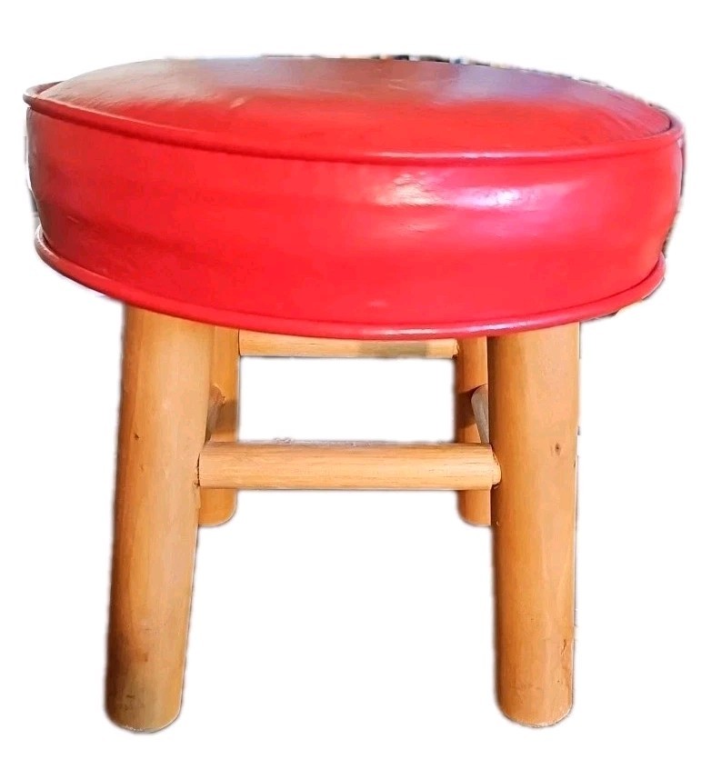 Vintage Mid-Century Red Vinyl Round Stool – Retro Wooden Legs Footstool 1960s