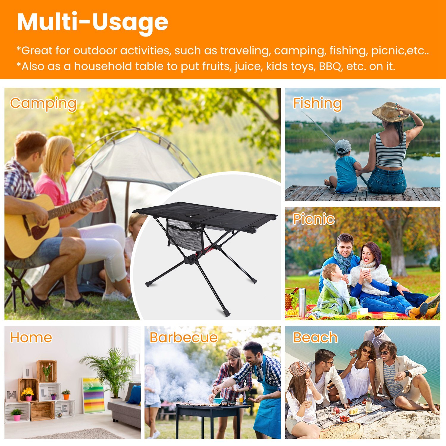 Camp Table-Outdoor Folding Table with 2 Cupholders and Carrying Bag-For Camping