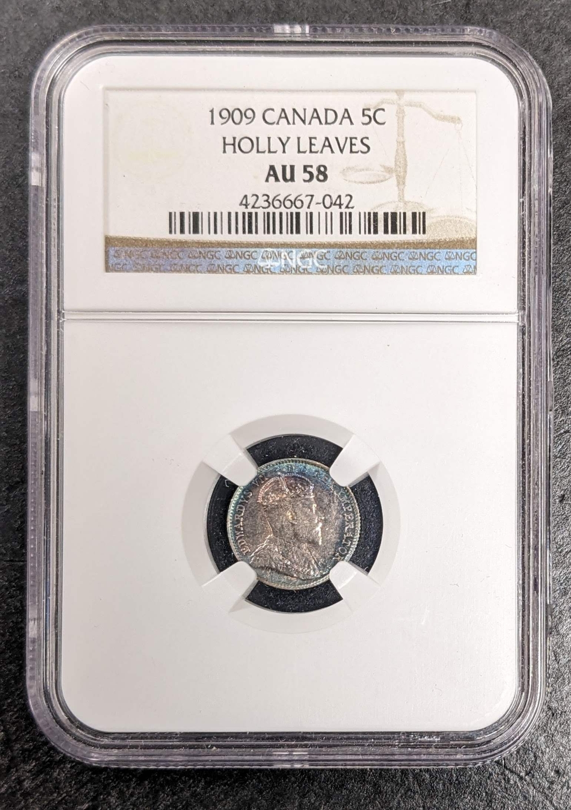 1909 Canada Silver Edward VII 5 Cent Holly Leaves NGC AU 58