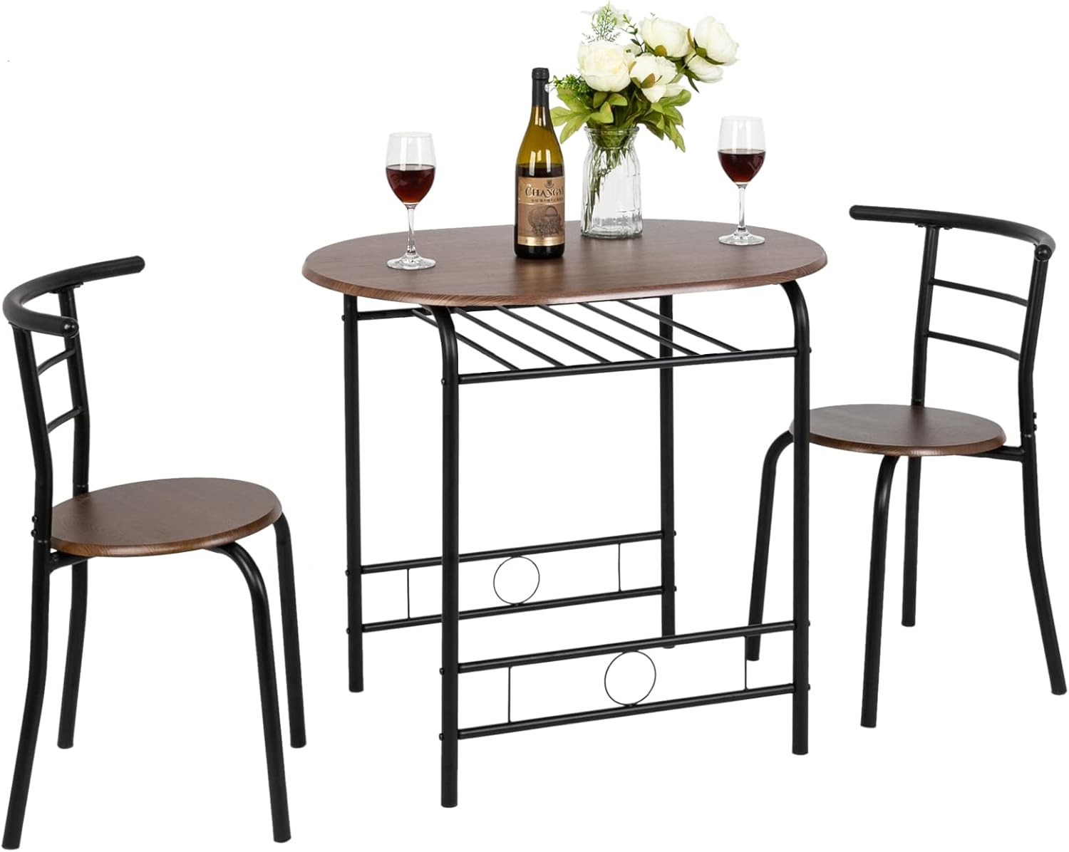 3 Piece Dining Set Small Kitchen Table Set w/Metal Frame &Wine Rack US STOCK