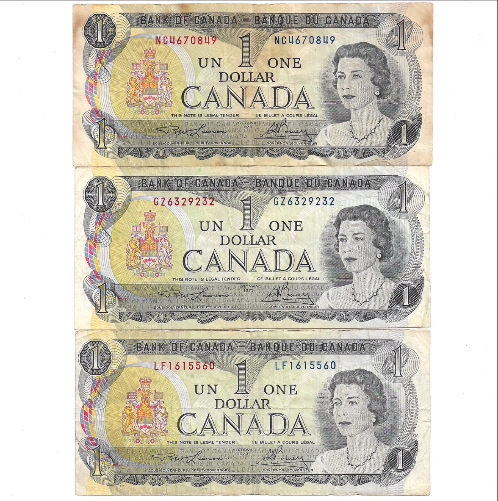 3 X 1973 Vintage Canada $1 Bill Canadian 1 Dollar Paper Currency Queen Elizabeth