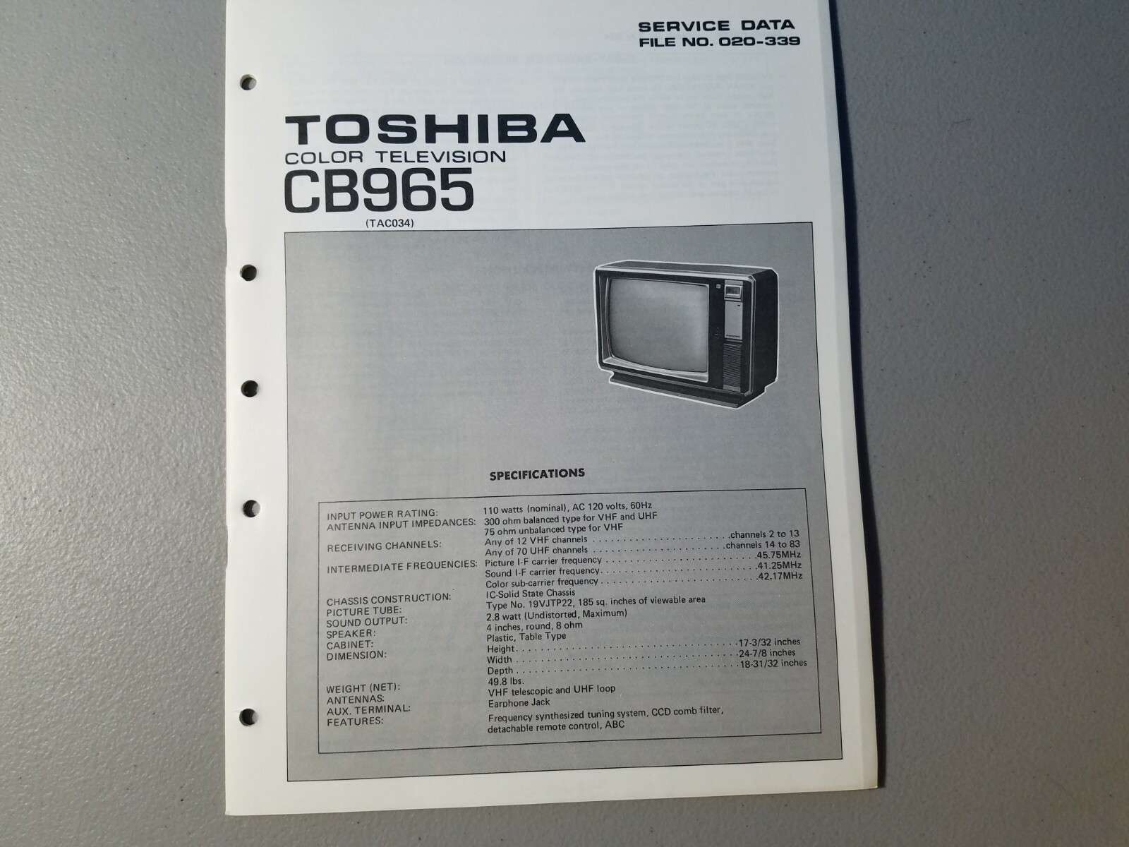Toshiba Color Television CB965 Service Manual Data File No 020-339