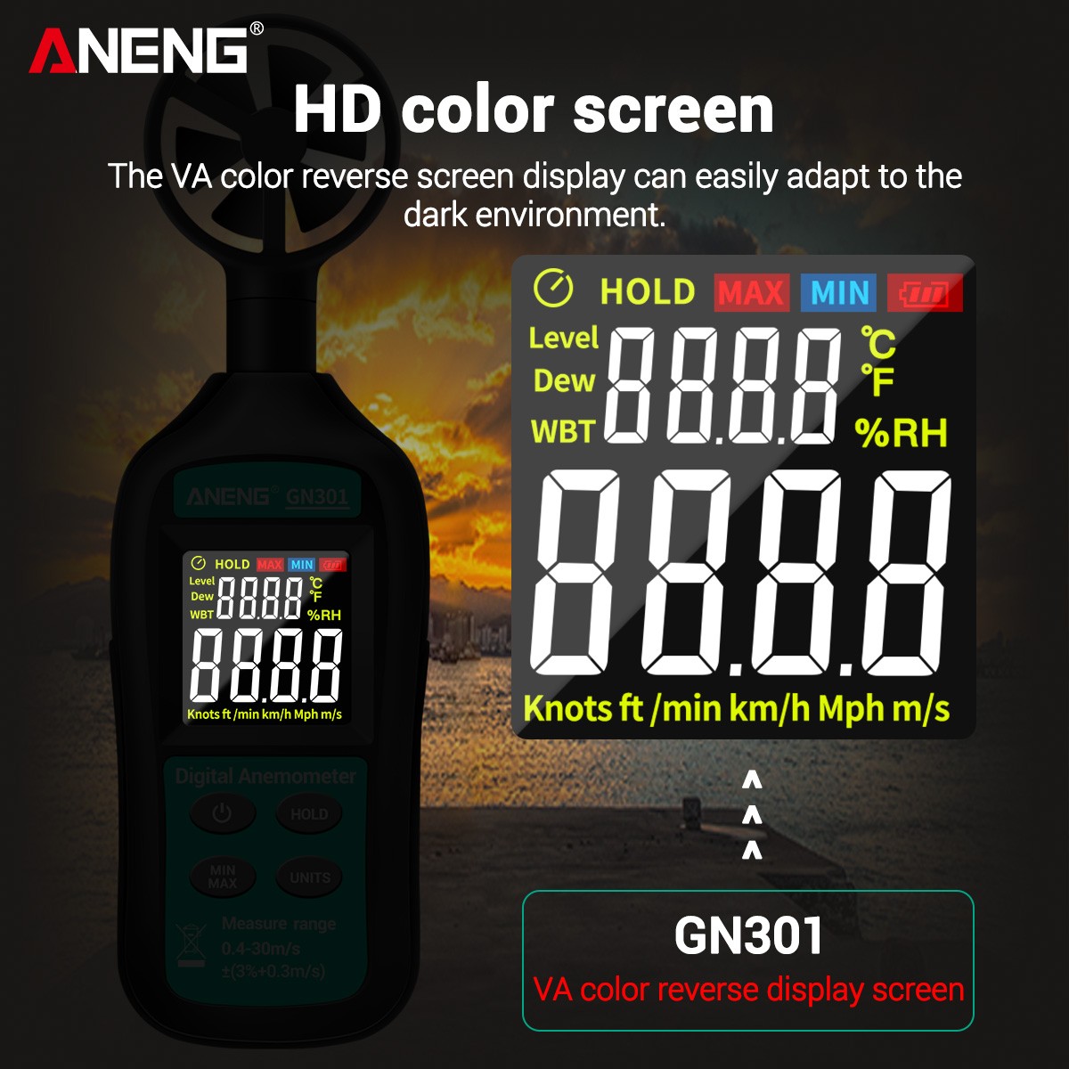ANENG GN301 Digital Anemometer Wind Speed Meter Temperature LCD Backlight