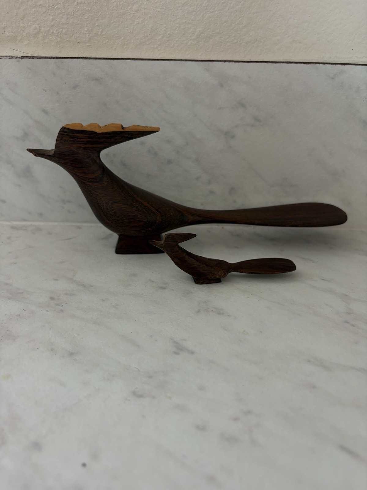 Vintage wood hand-carved wooden roadrunner sculpture set #B2