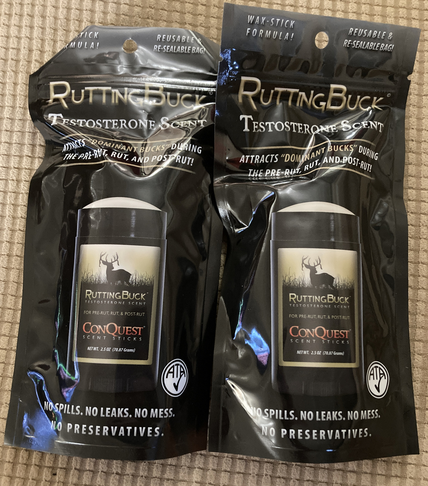 Lot - 2 ConQuest Scent Stick Rutting Buck Testosterone Scent 2.5 oz Evercalm Rut