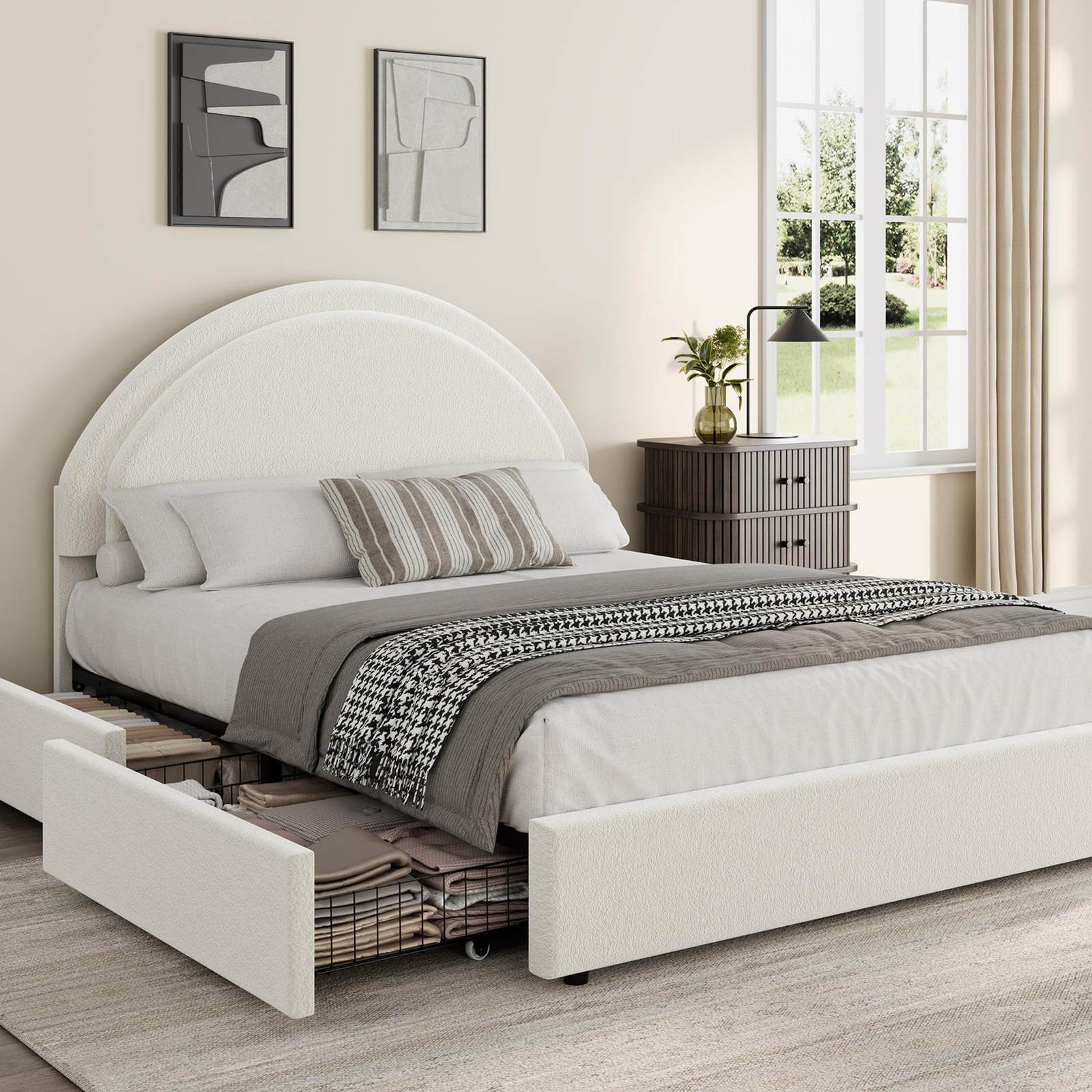 Queen Bed Frame, Headboard Boucle Upholstered Platform Bed Frame with 2 Drawers