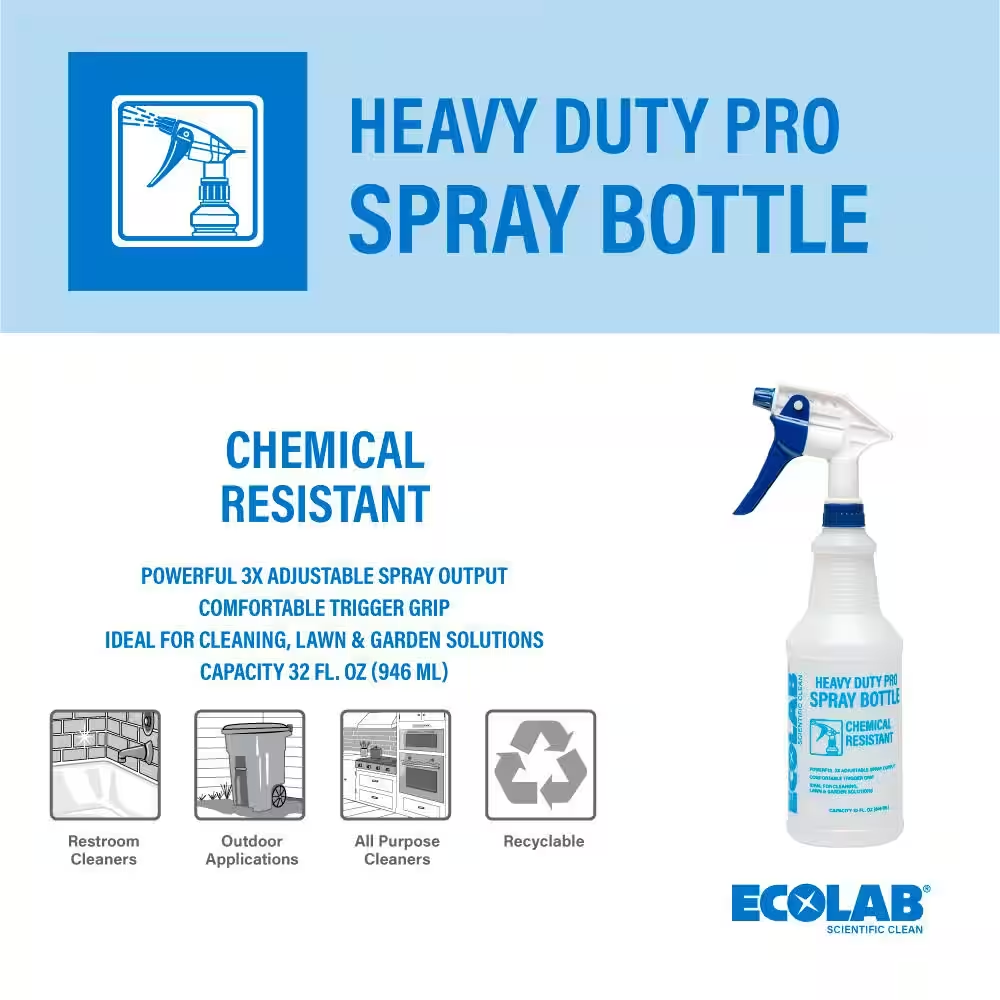 ECOLAB - 32 oz Heavy Duty Pro Spray Bottle, 3X Spray Output vs Standard Sprayers