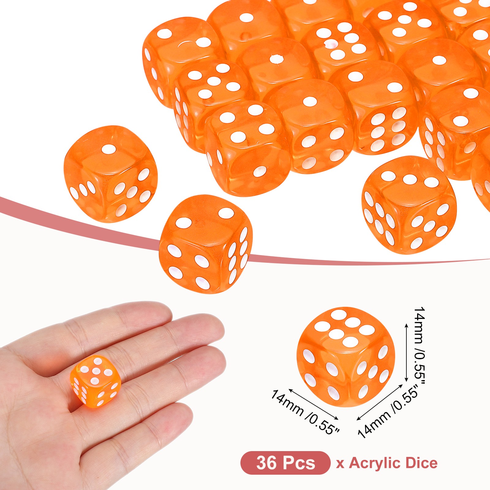 36Pcs 6 Sided Acrylic Dice 14mm/0.55" Rounded Corner Translucent Dice Orange