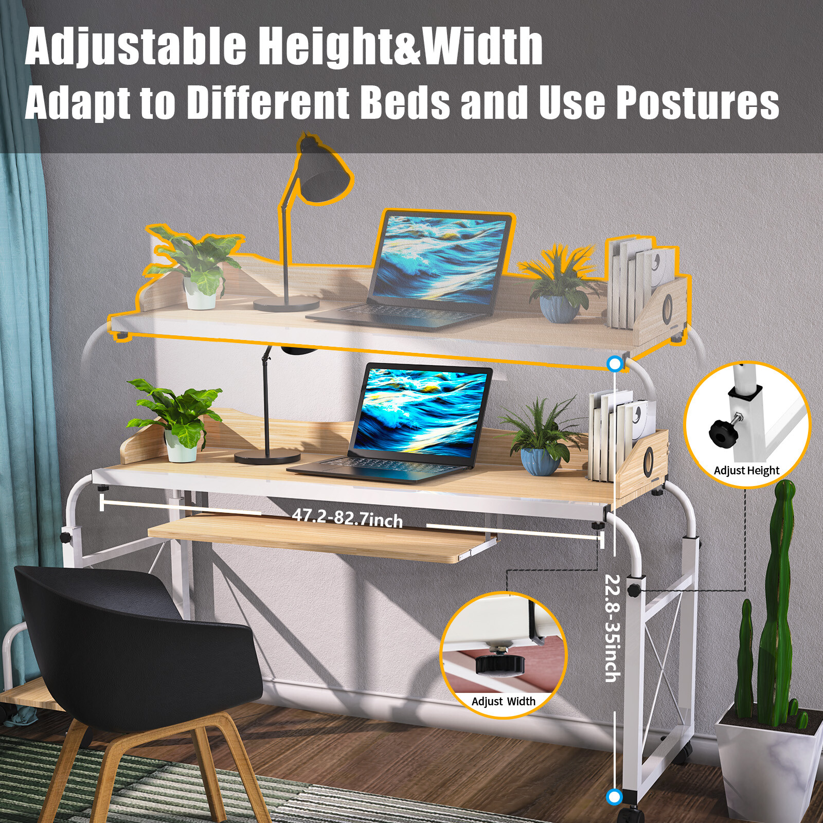 Over bed Table Desk Height Adjustable Rolling Laptop Computer Desk Cart For Home