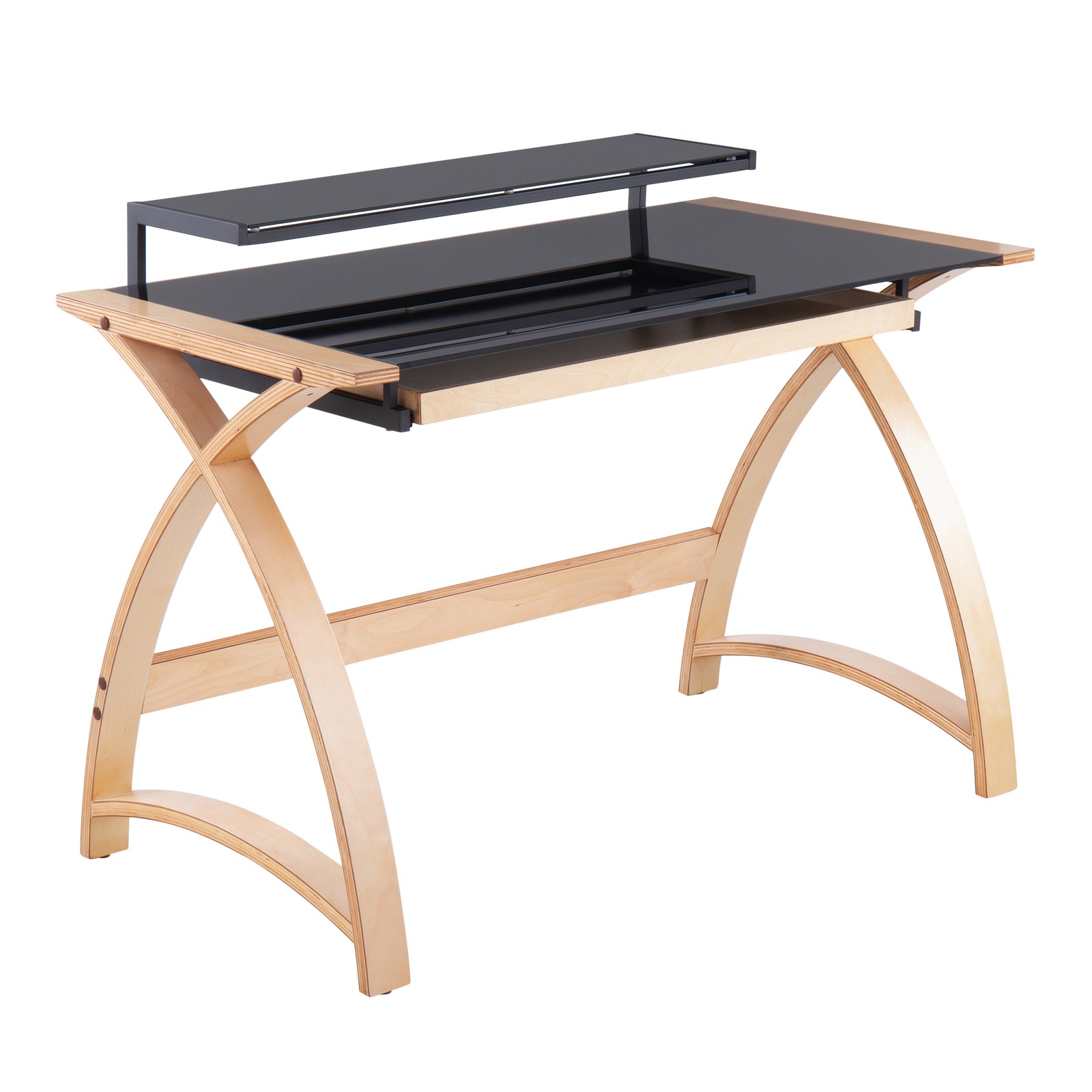 Mid-Century Modern Office Desk with Hutch & Drawer, Black Glass Top