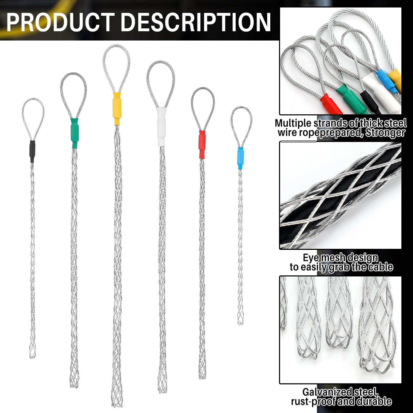 Yaocom 6 Pcs Cable Puller Socks 4-25 mm Cable Pulling Sock Grip Kit Eye Mesh