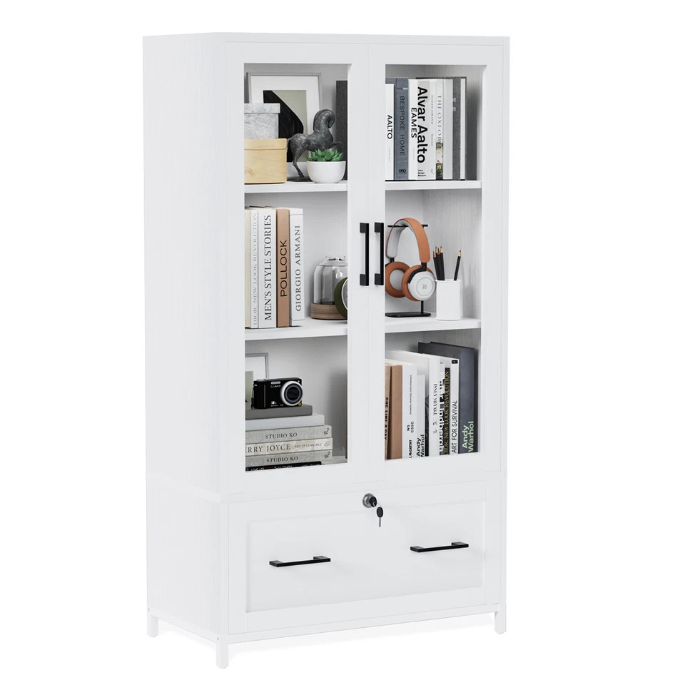 Lateral File Cabinet with Glass Doors Adjustable Shelves for Home Office 70''H