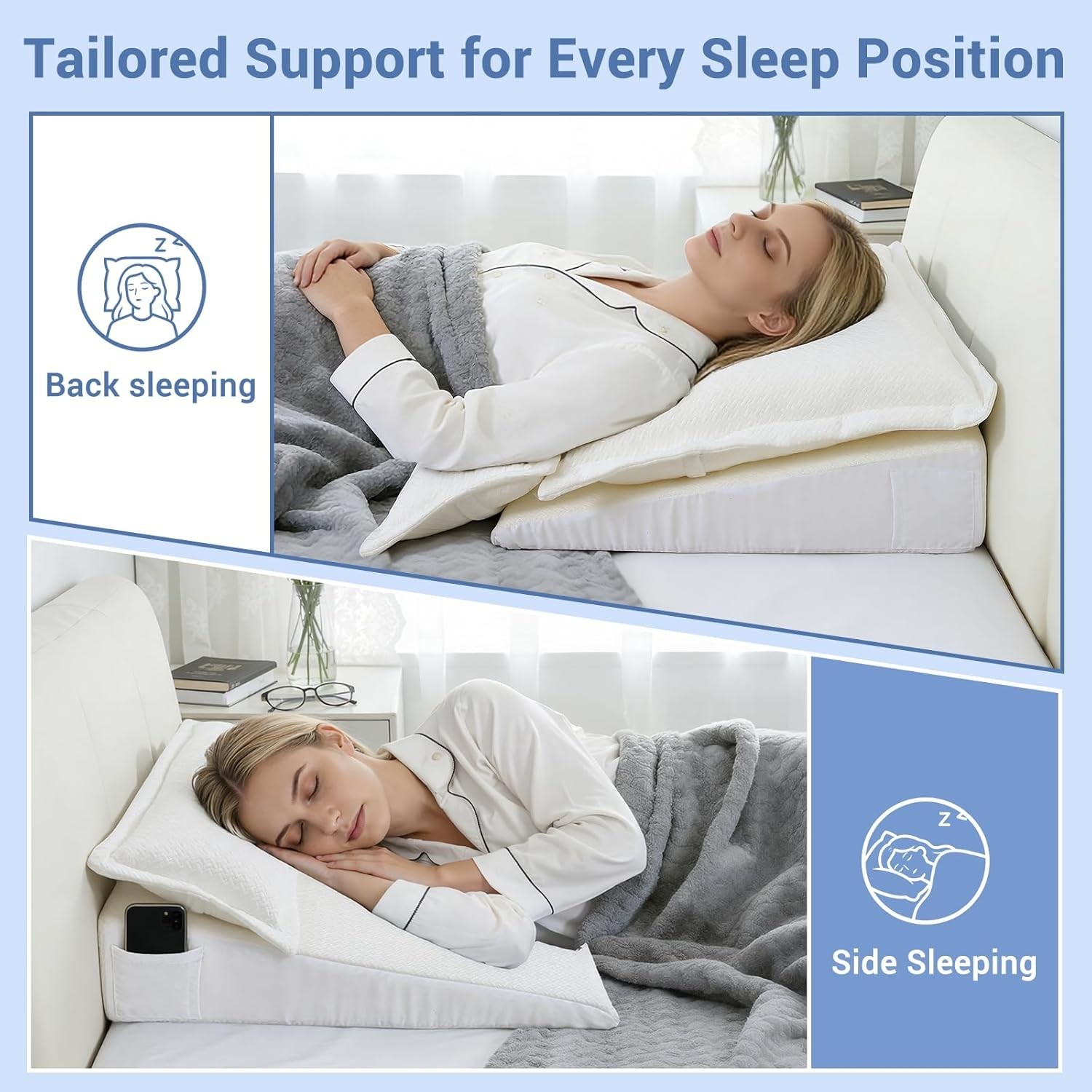 3PCS Bed Wedge Pillow Set for Sleeping, 10" Adjustable Triangle Pillow Wedges fo