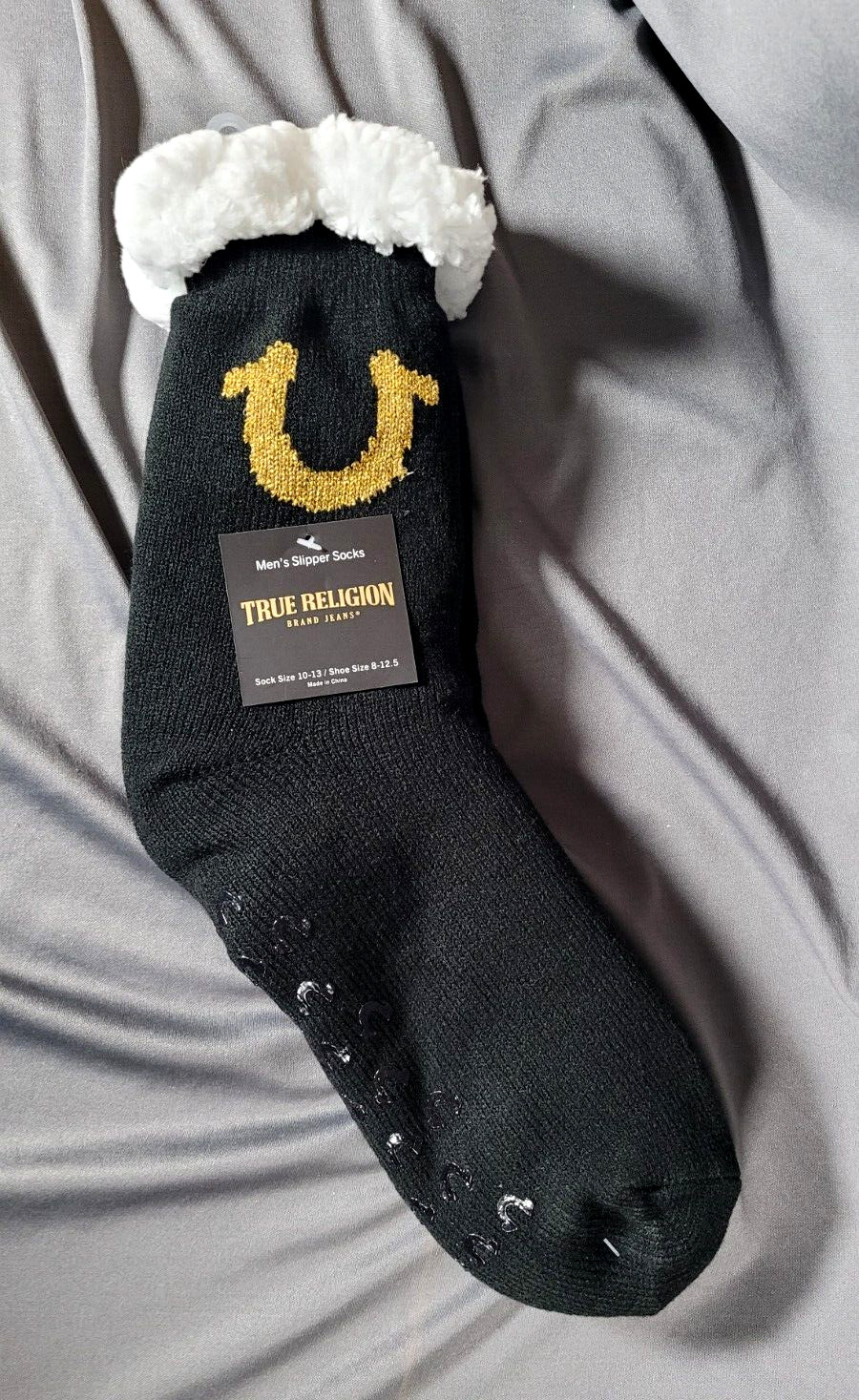 True Religion Men's Slipper Socks, Sherpa Fleece Lined, Black w/Gold Logo 8-12.5