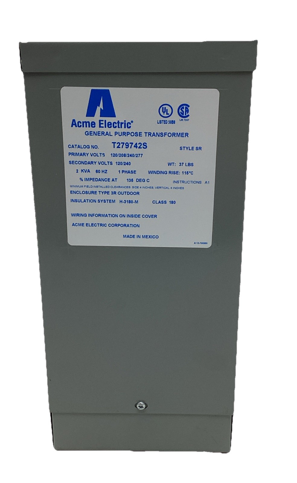 Acme Electric 2 kVA Transformer 1-Phase,P120/208/240/277 S120/240 T279742S