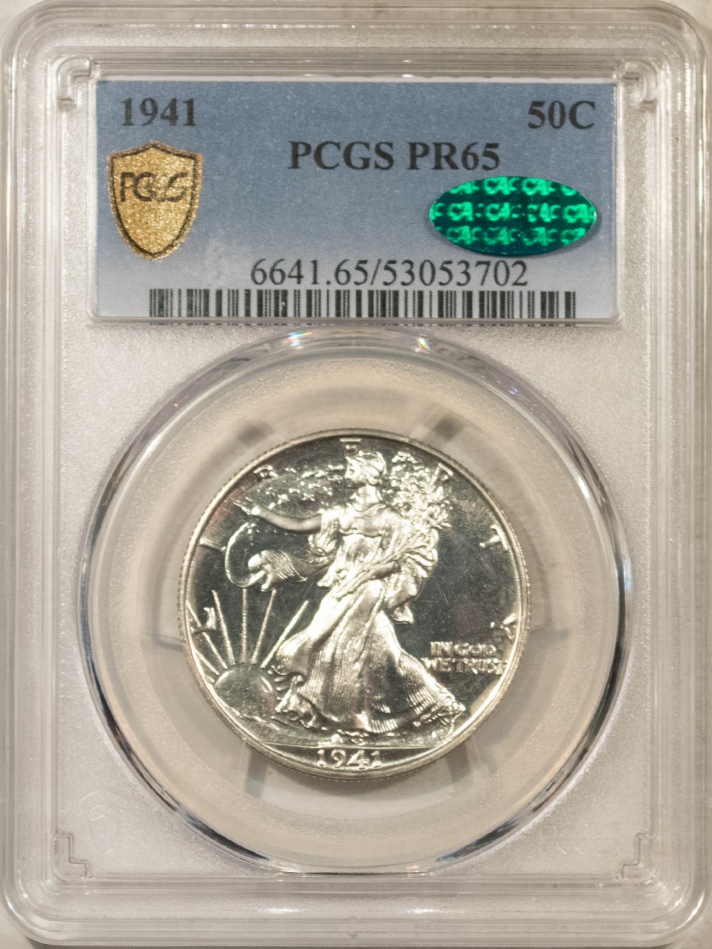 1941 PROOF WALKING LIBERTY HALF DOLLAR - PCGS PR-65, CAC APPROVED!