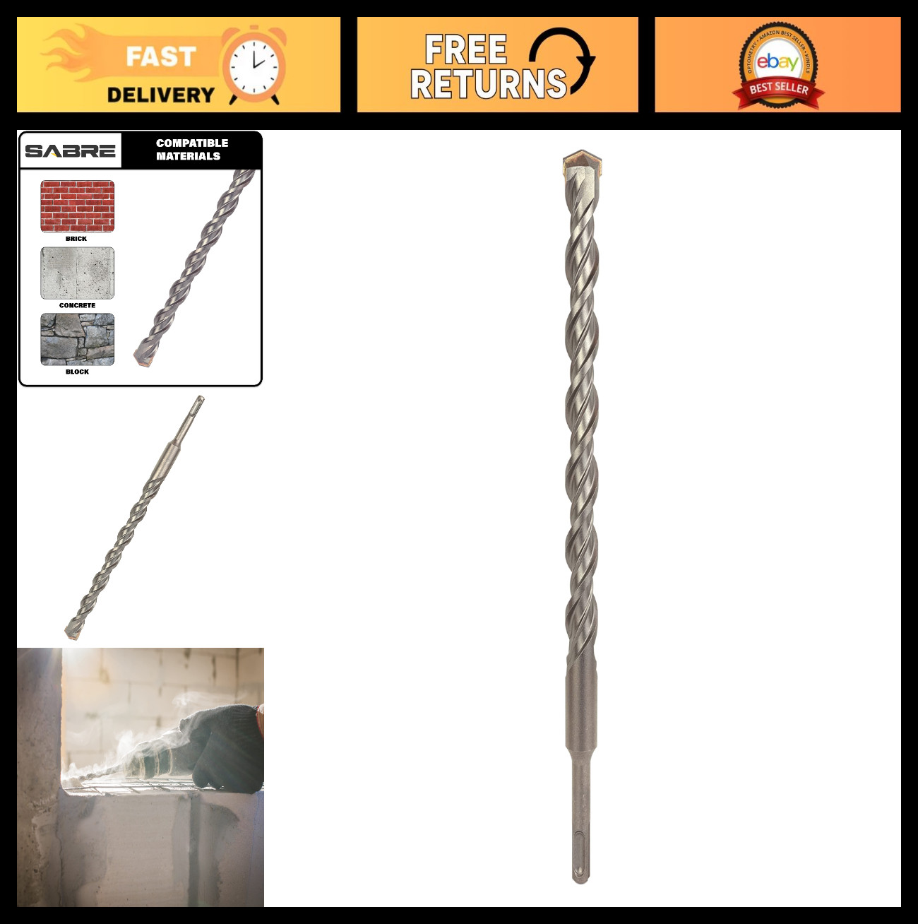 3/4" x 12" SDS Plus Rotary Hammer Drill Bit - Carbide Tipped for Brick, Stone, C