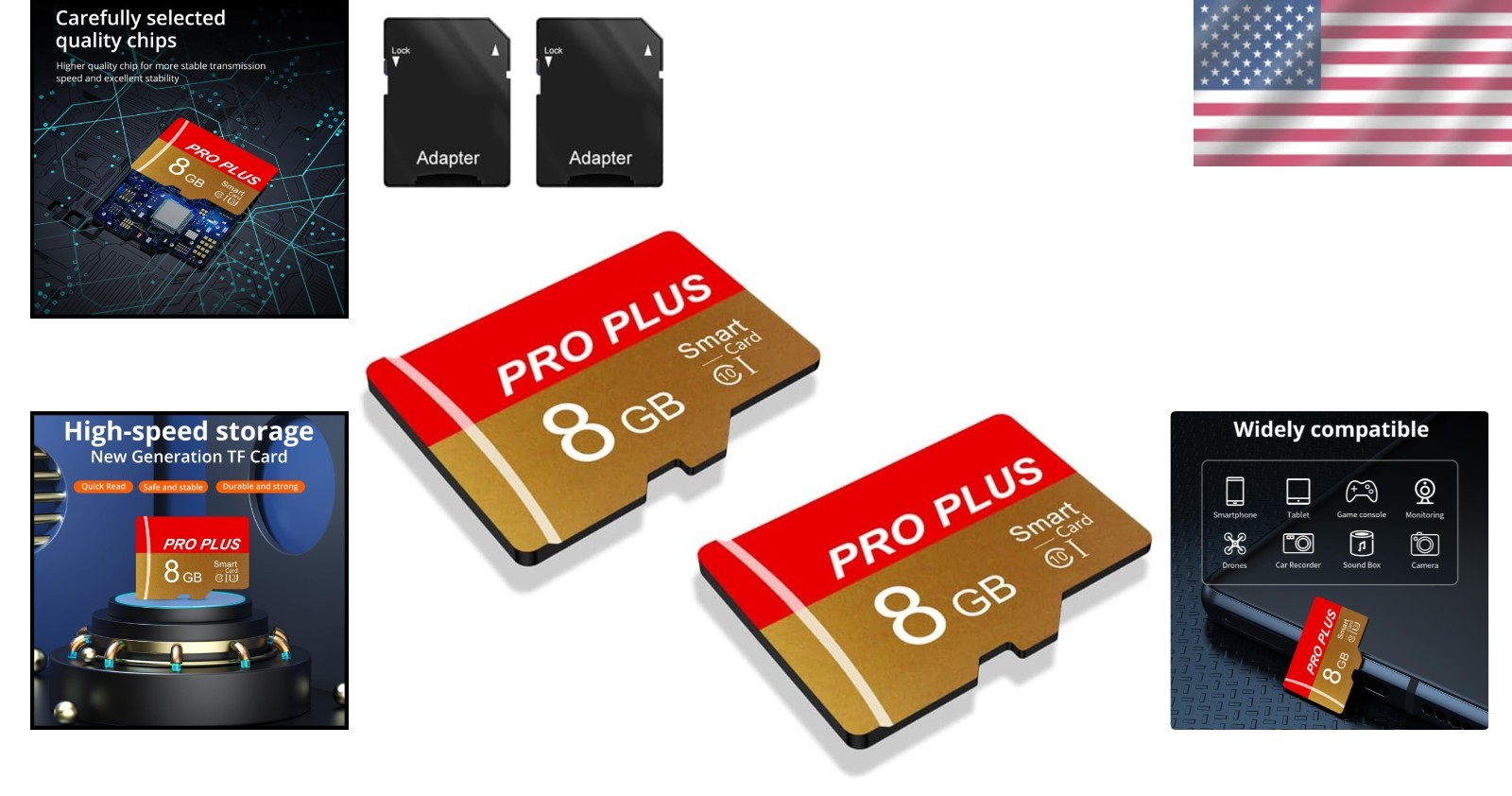2 Pack 8GB High-Speed TF Cards with Adapter - Universal Device Compatibility