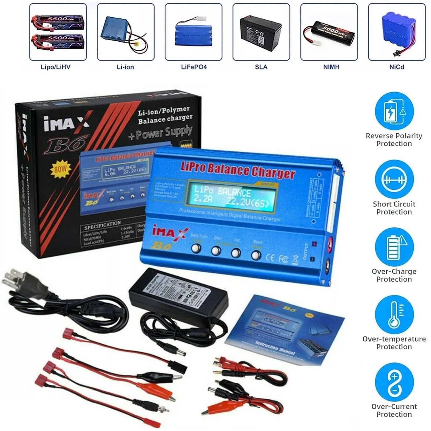 80W Fast Digital Balance Charger for iMAX B6 AC LCD RC LiPo LiFe NiCD Battery