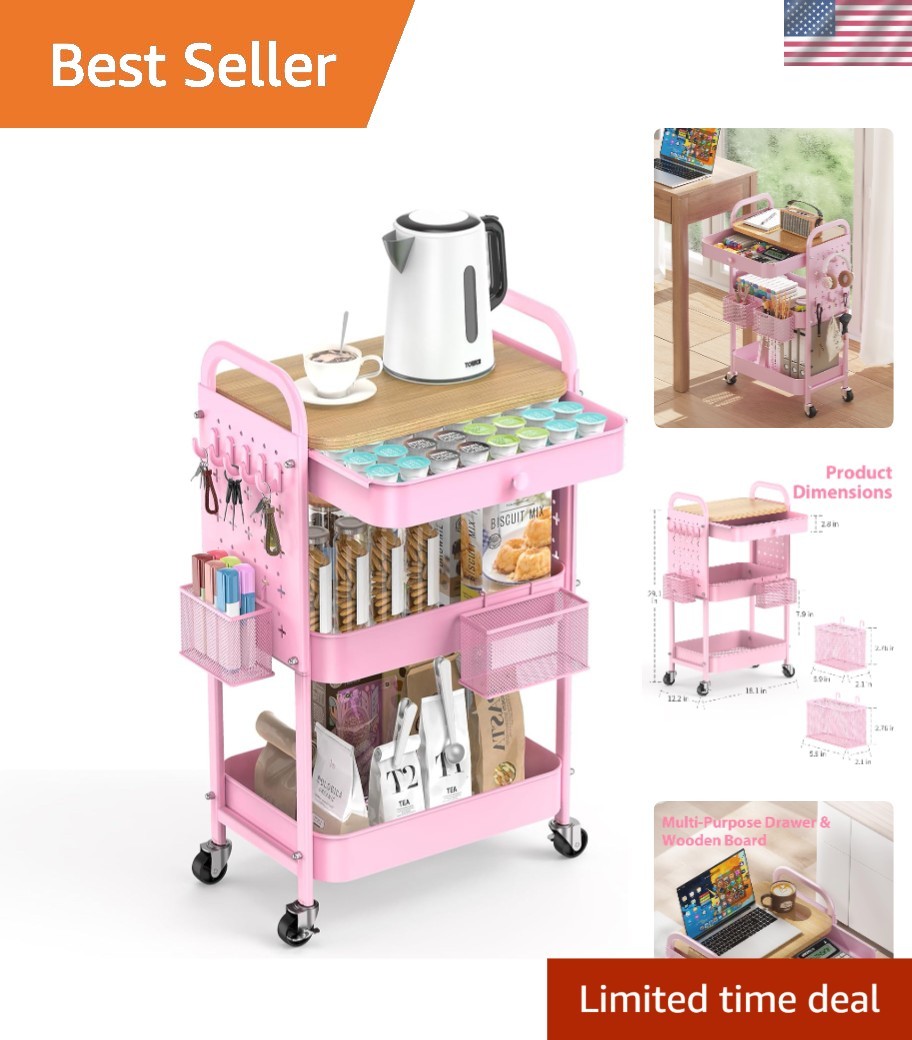 Multifunctional Metal Rolling Cart with Drawers & Pegboards for Ultimate Storage