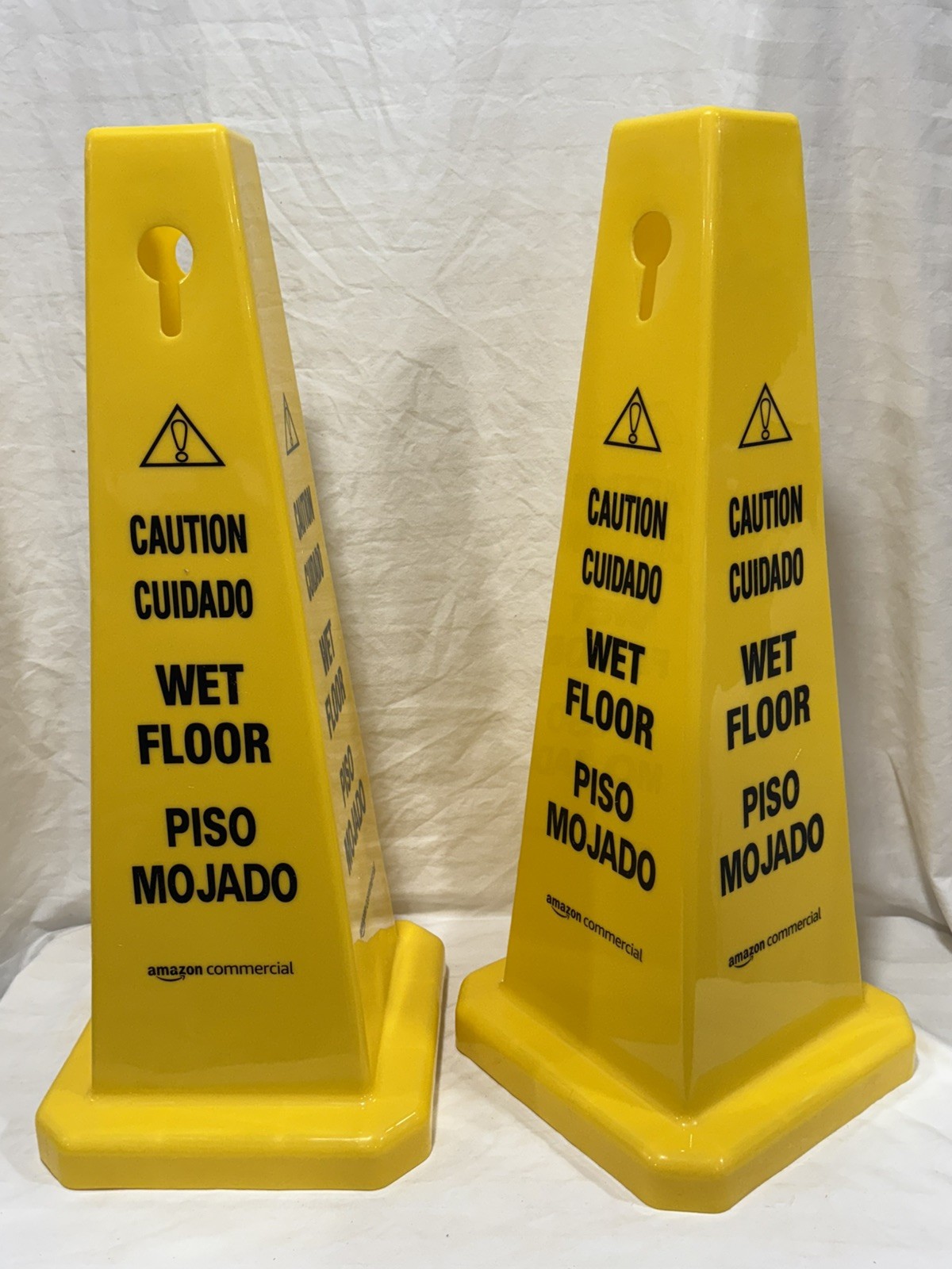 Pair NEW Caution Wet Floor Bilingual 26.5" Floor Safety 2 Cones 4 Sided Yellow