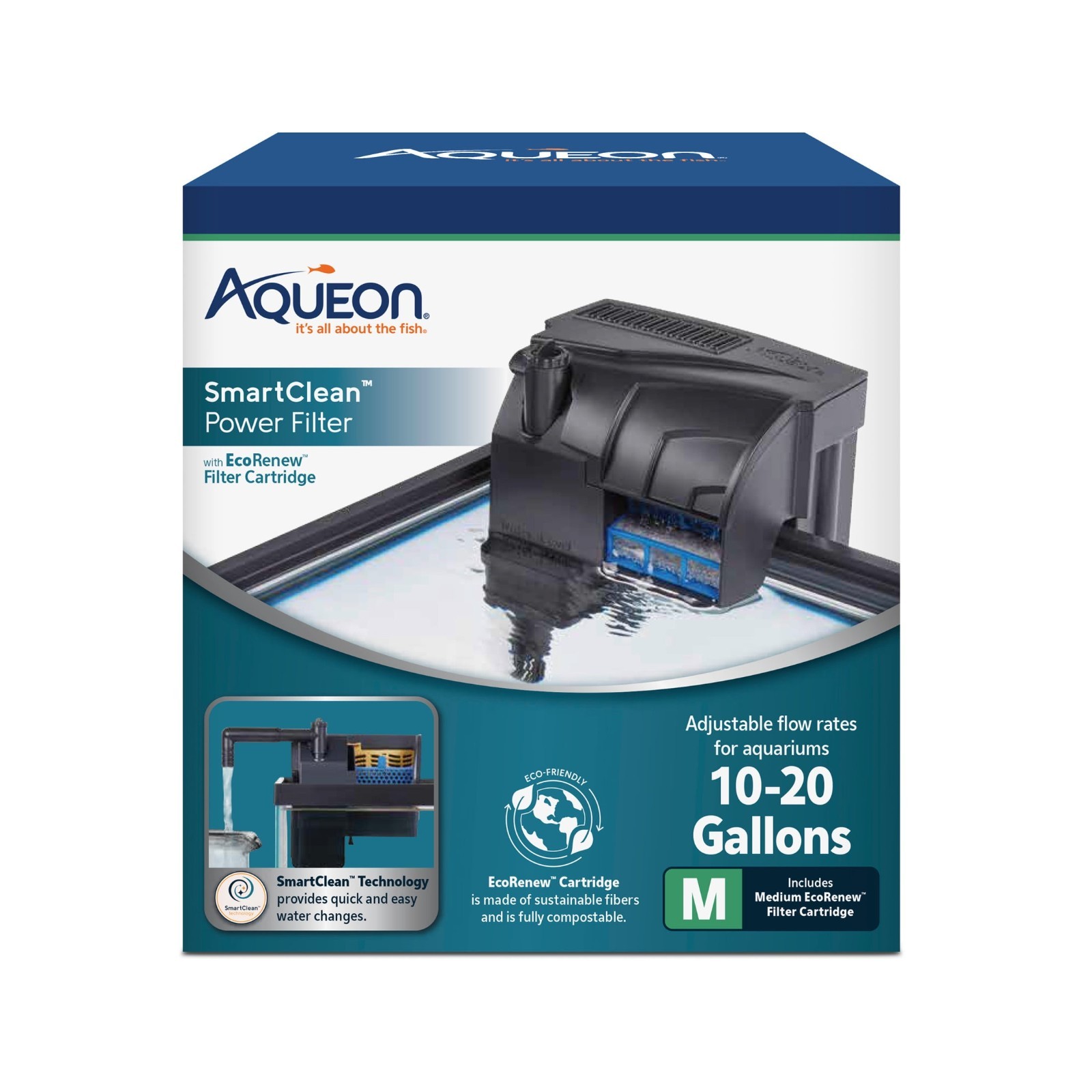 Aqueon SmartClean Aquarium Power Filter 10-20 Gal EcoRenew Cartridge Included