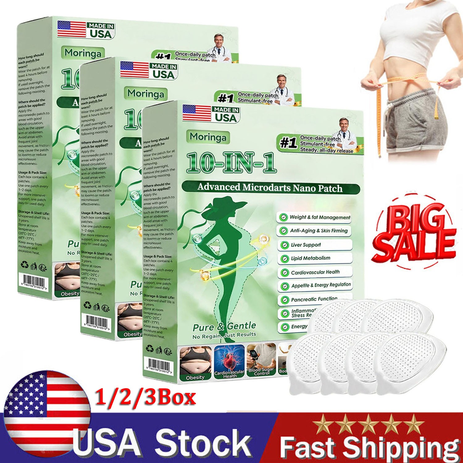 1/2/3X Moringa 10-in-1 Advanced Microdarts Nano Patch - Weight Loss Microneedle