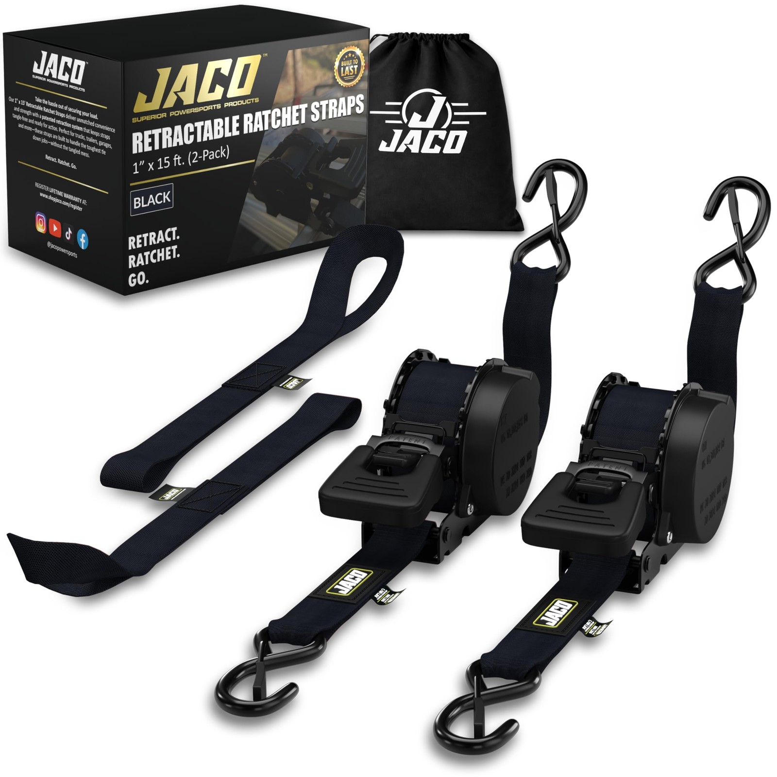 JACO Retractable Ratchet Straps - 1 in x 15 ft (2-Pack) 2-Pack, Black