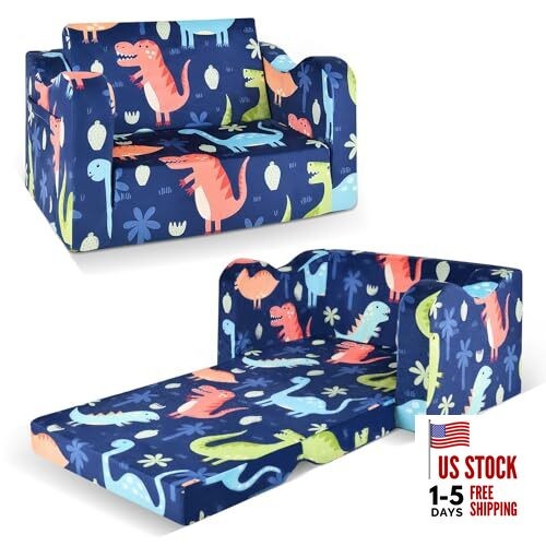 Kids Couch Sofa Toddler Sofa Dinosaur 2-in-1 Foldable Toddler Couch Bed Blue
