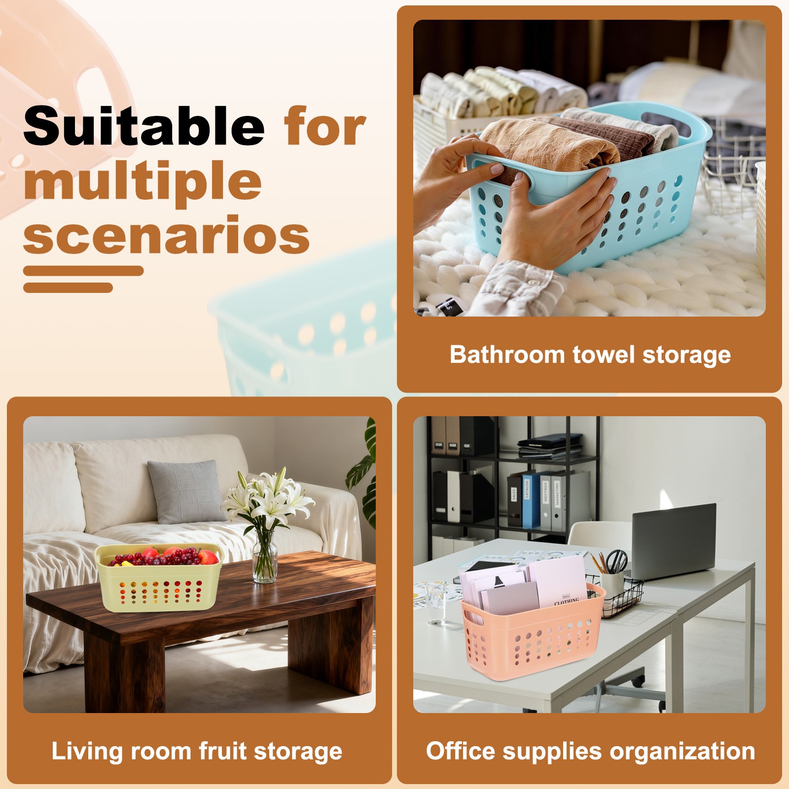 2Pack 15.55x7.87x7.6" Pantry Plastic Storage Baskets Orange