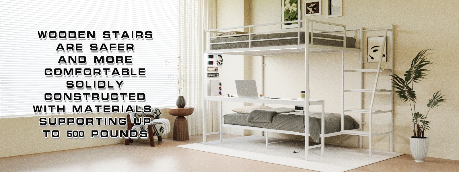 Modern Metal Bunk Bed Full Size White Bed Frame w/LED light and Charging Socket