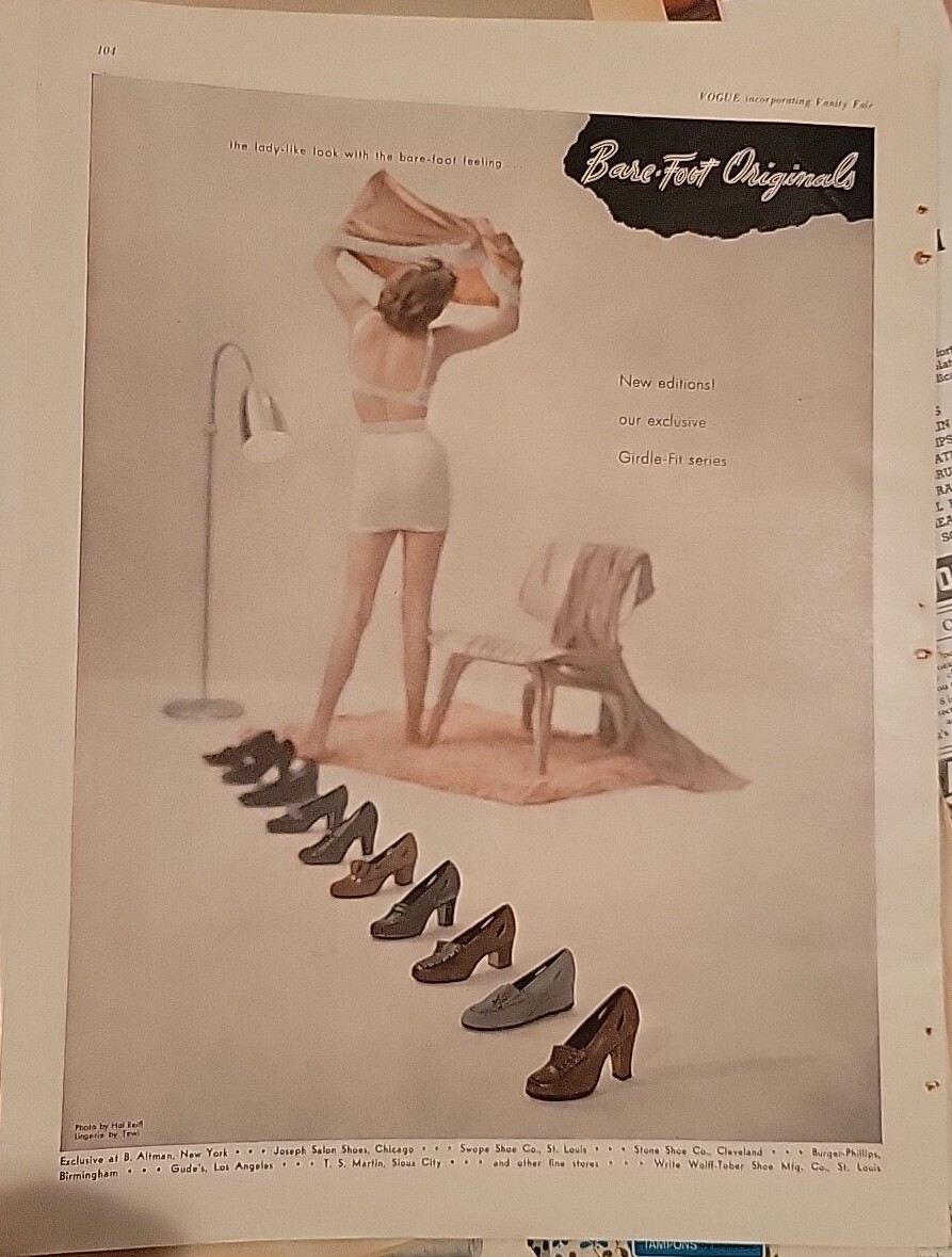 1948 Women's Barefoot Originals Shoes Girdle Bra Photo Vintage Fashion Ad