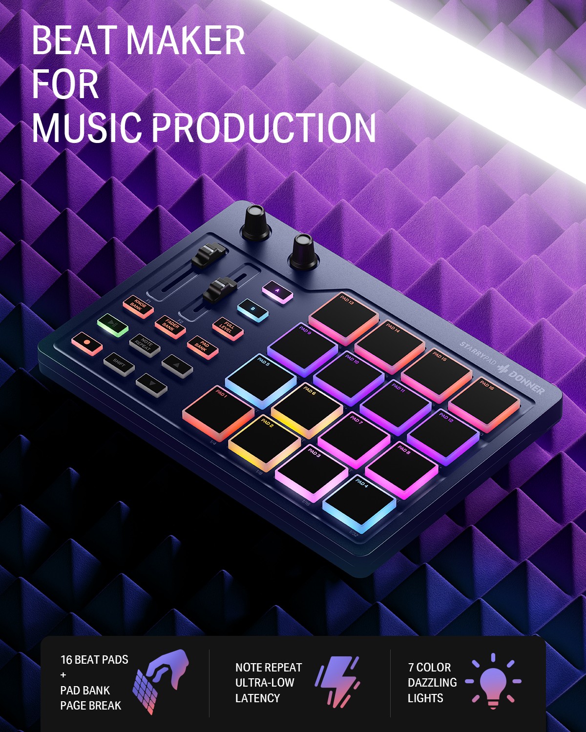 Donner STARRYPAD Blue MIDI Controller 16 Pads Music Production Software
