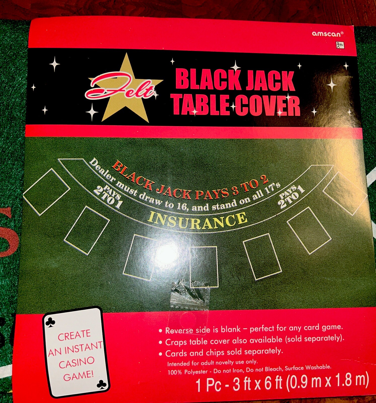 Amscan Blackjack Table Felt Cover, 6ft Green Felt Reversible - Casino Card Game
