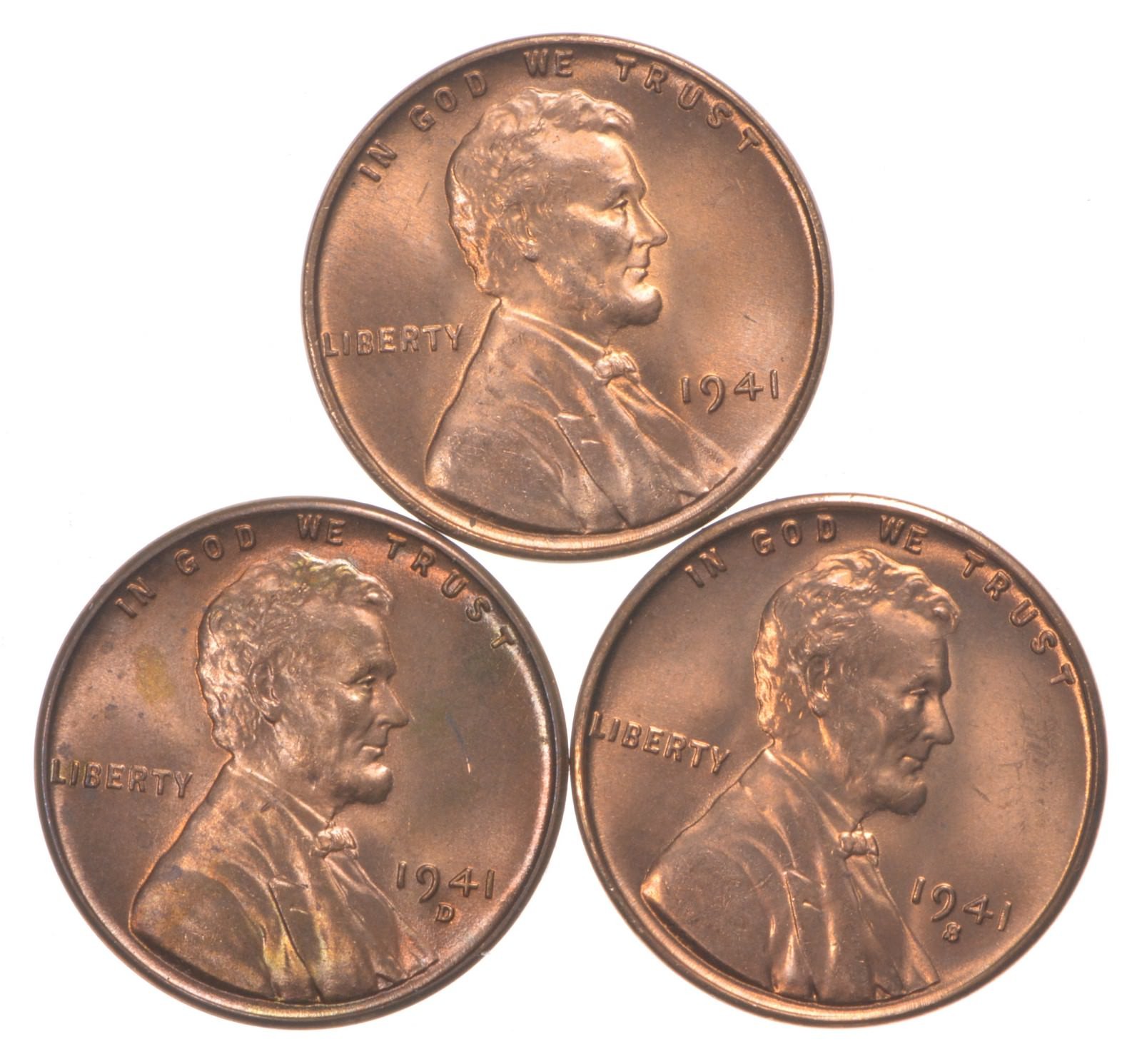 Choice Unc 1941 P+D+S Lincoln Wheat Cent Gem BU Collection Lot Set