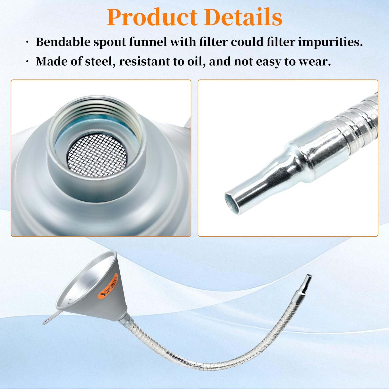 Yuesstloo 27.56" Steel Bendable Spout Funnel with Filter for All Silver