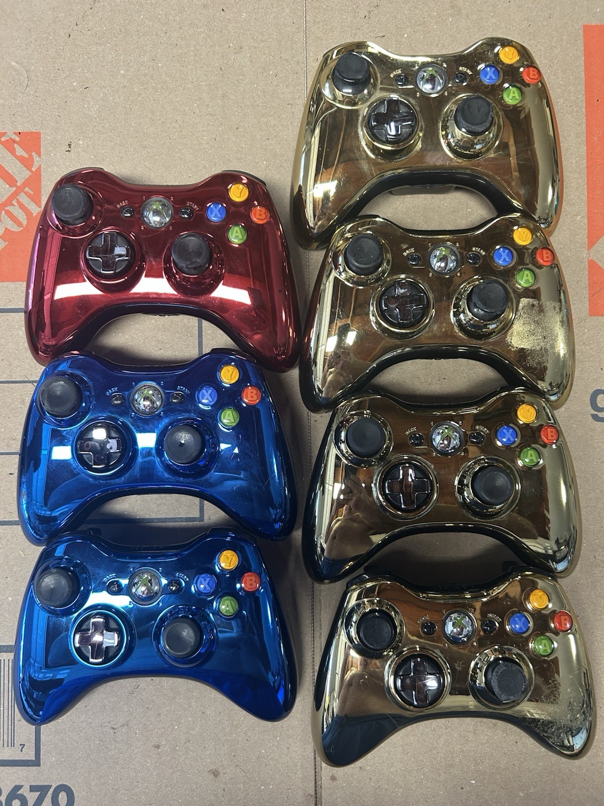 (7) XBOX 360 Chrome Gold Blue, Red Controller LOT PARTS REPAIR BROKEN AS-IS