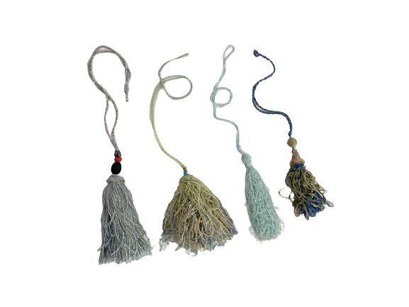 Lot of 4 Handmade Tassels by Mary Rash Blue Green Beige Wood Beaded Decor