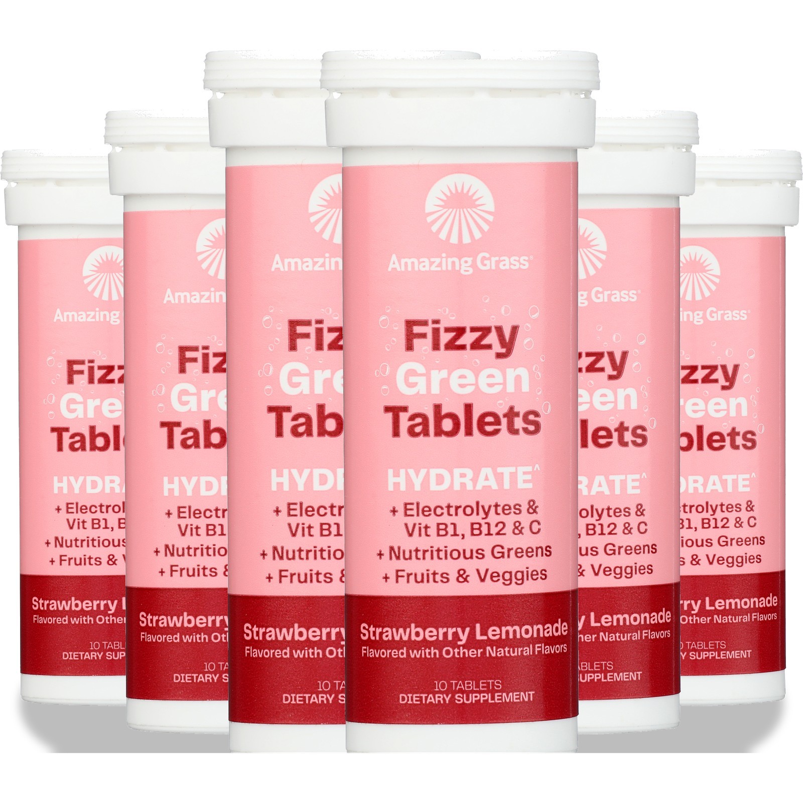 Amazing Grass Strawberry Lemonade Fizzy Green Supplements 10 Tablets Fl 6 Pack
