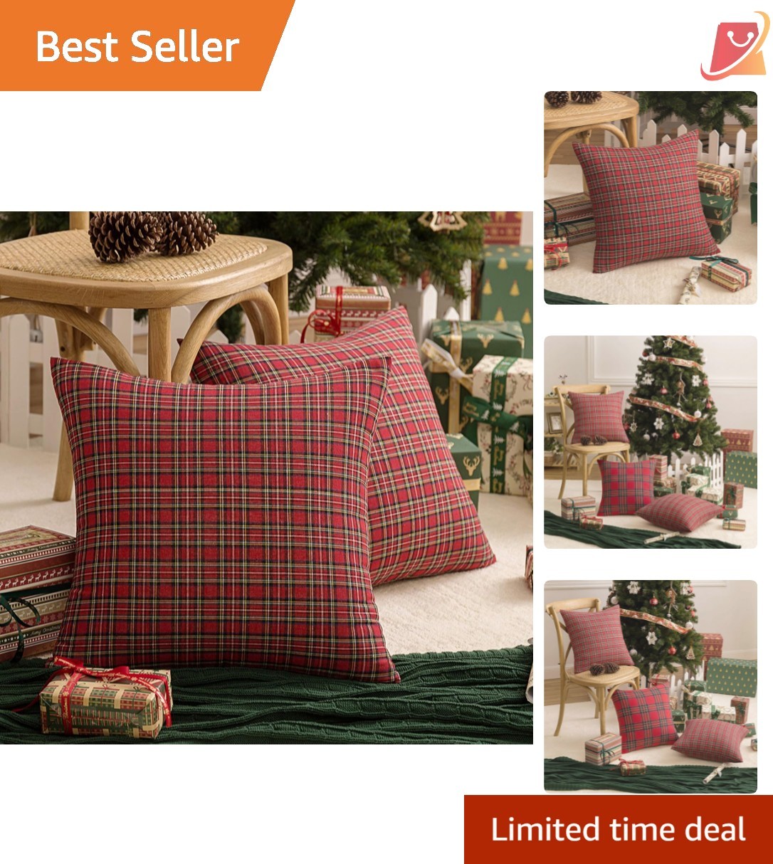 Christmas Plaid Pillow Covers Set of 2 20x20 Inches Red Green Tartan Decor