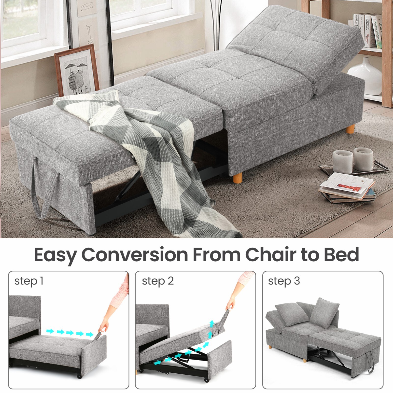 Folding Ottoman Sofa Bed Chair 4-in-1 Sleeper Sofa Adjustable Backrest+2 Pillows
