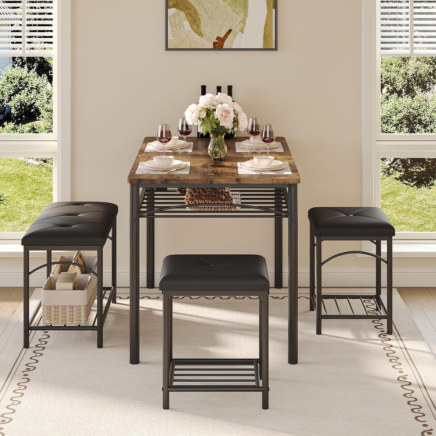 Dining Table Set 4 W/ Upholstered Benches & 2 Stools Modern Space Saving Kitchen