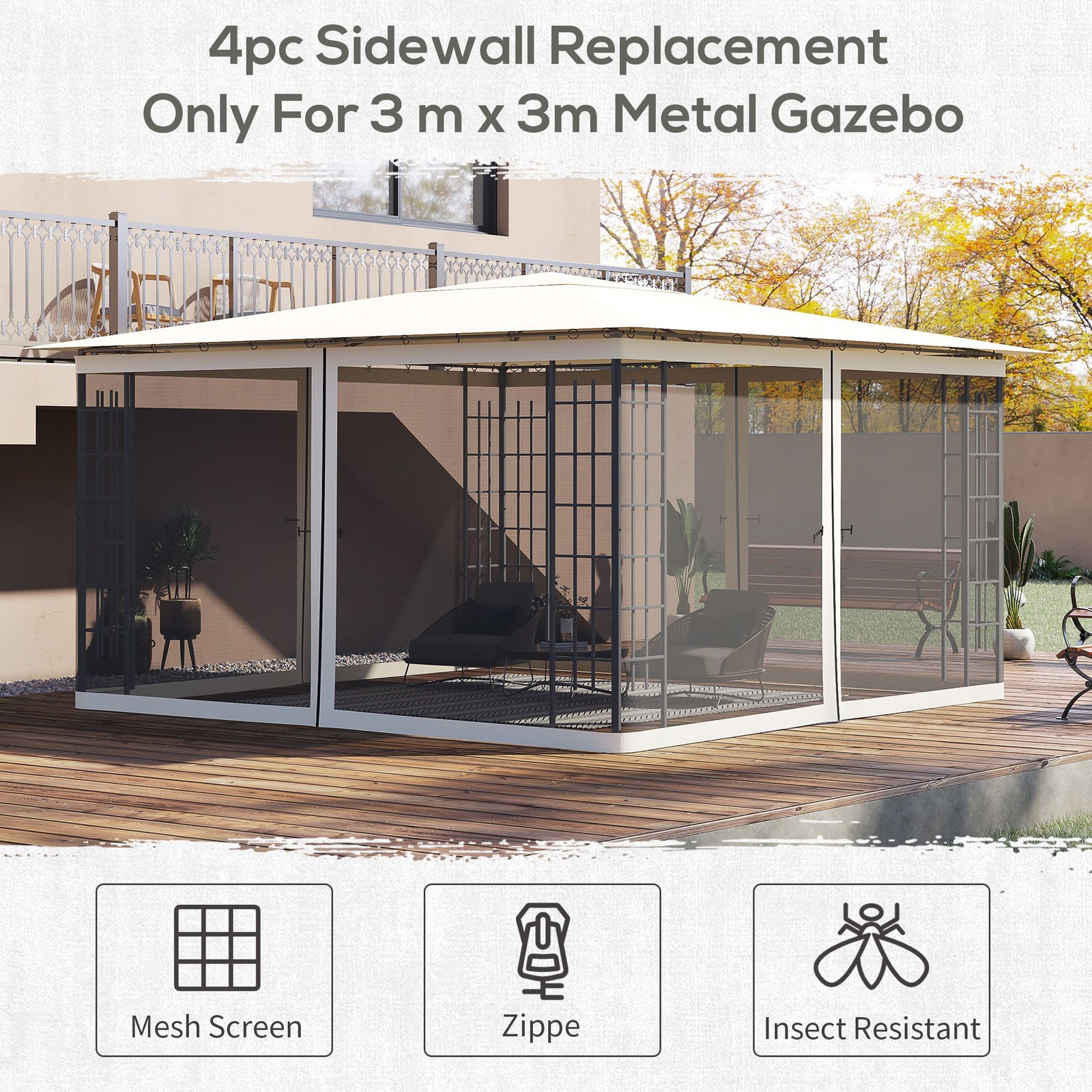 13.1' Square Gazebo Sidewalls – Black Mesh Net, Zip Closure, Polyester