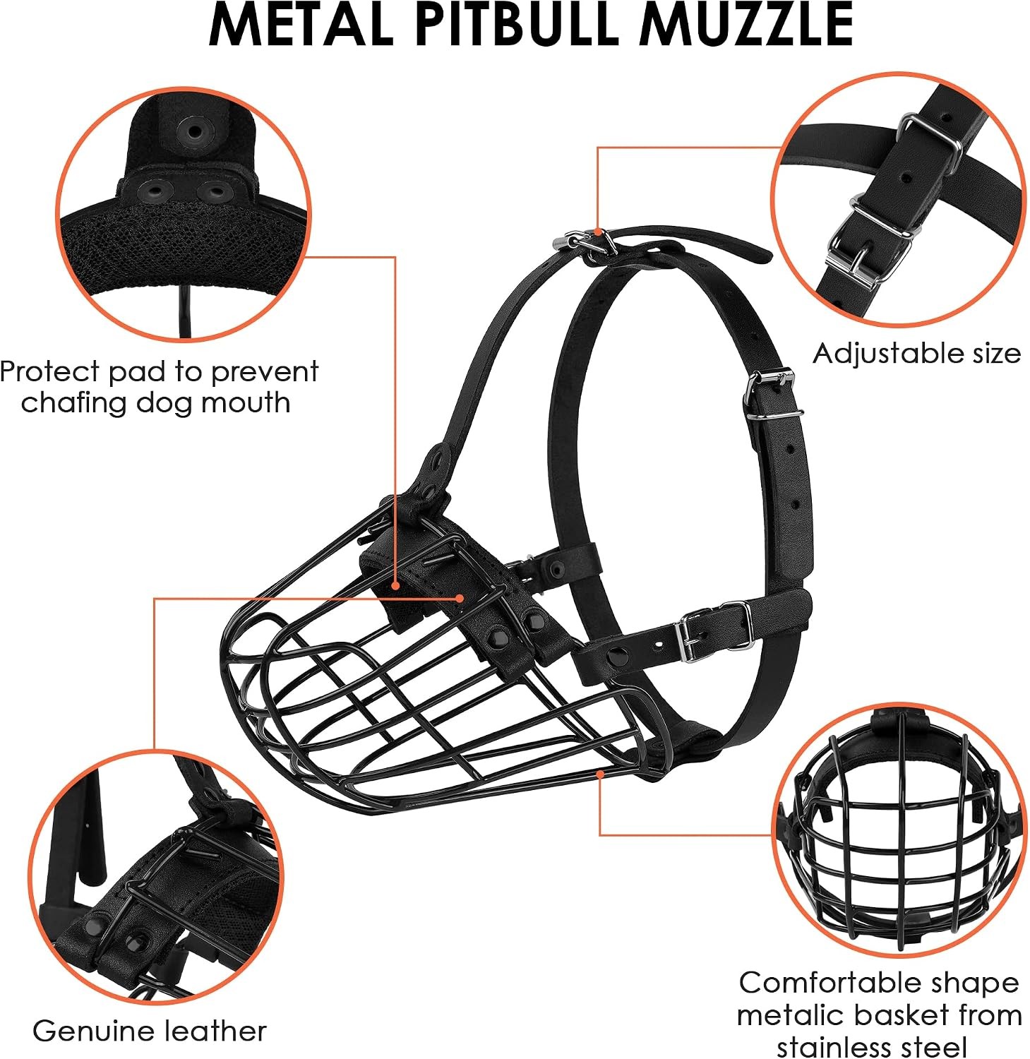Pitbull Dog Muzzle Metal Mask Amstaff Secure Wire Basket Adjustable Durable Leat