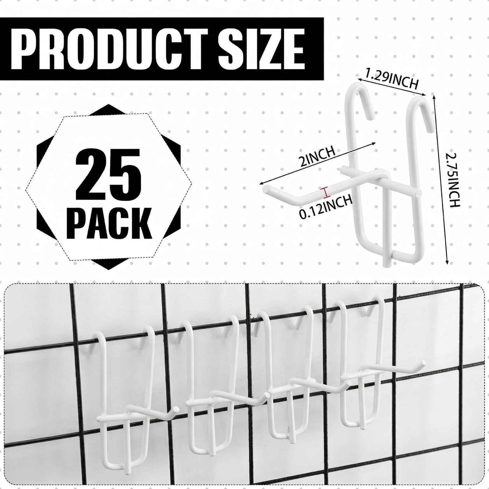 25 PCS White 2 Inch Grid Wall Hook Gridwall Panel Mount Storage Organizer