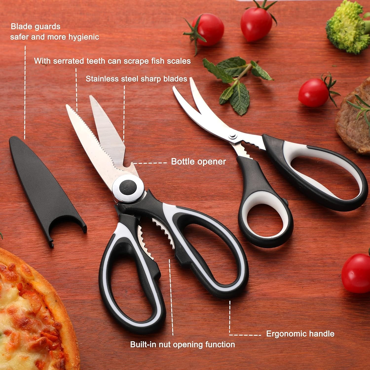 OMDAR Kitchen Scissors All Purpose 3 Pack - Heavy 8.3 Inch, Black & White