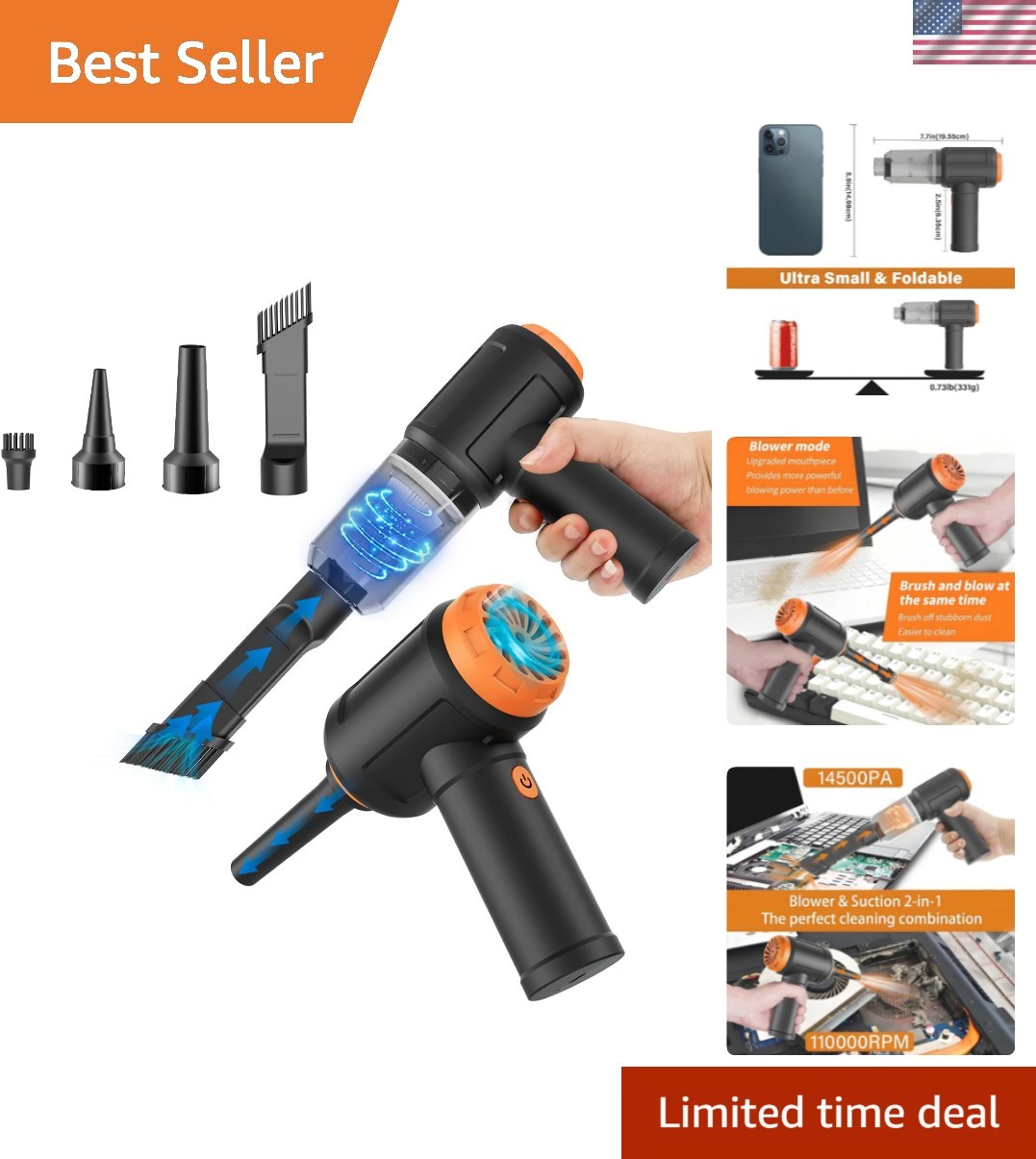 Compact Air Duster/Vacuum for Computer and Car - 3 Speeds & Long Battery Life