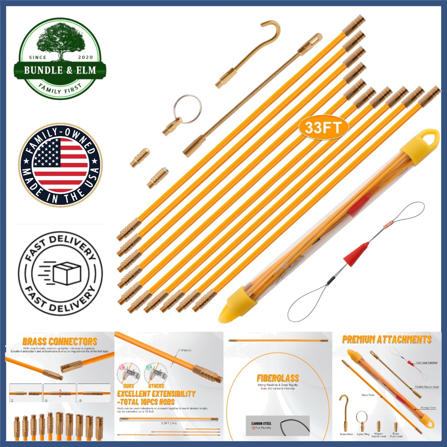 33FT Wire Puller Rods with Durable Fiberglass Material and Multiple Attachments